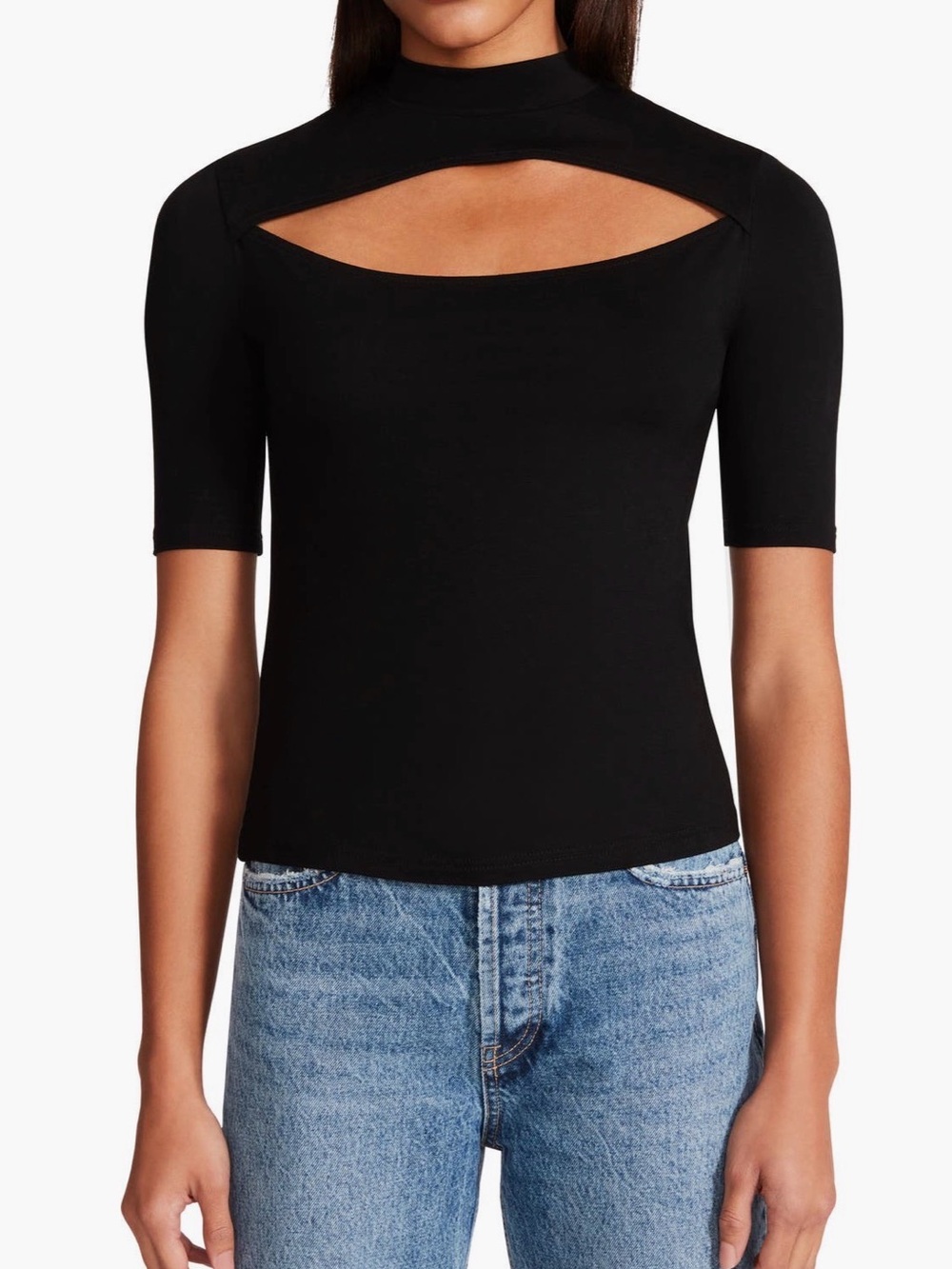 BB Dakota Black Cutout Mock Neck Short Sleeve Top